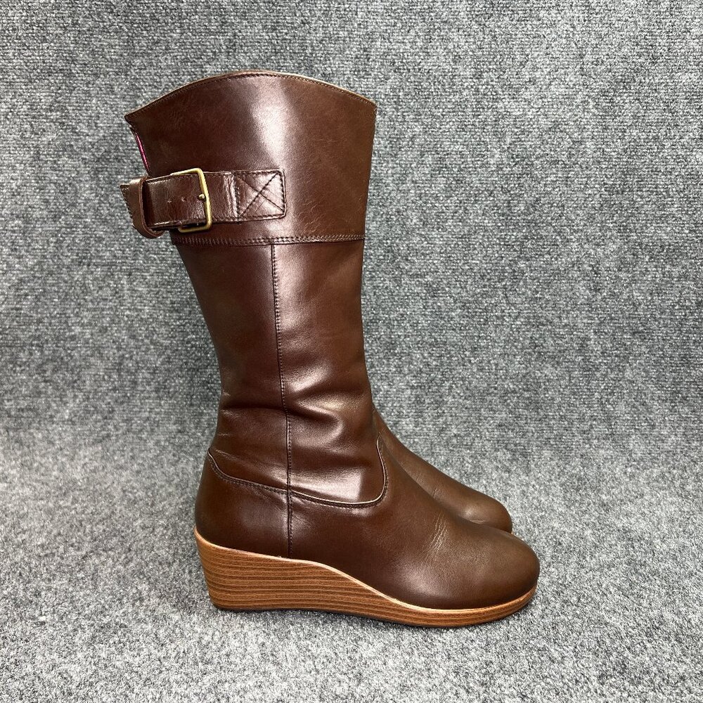 Crocs A-Leigh Boots Women's Size 7 Brown Leather Wedge Mid Calf Buckle Full Zip